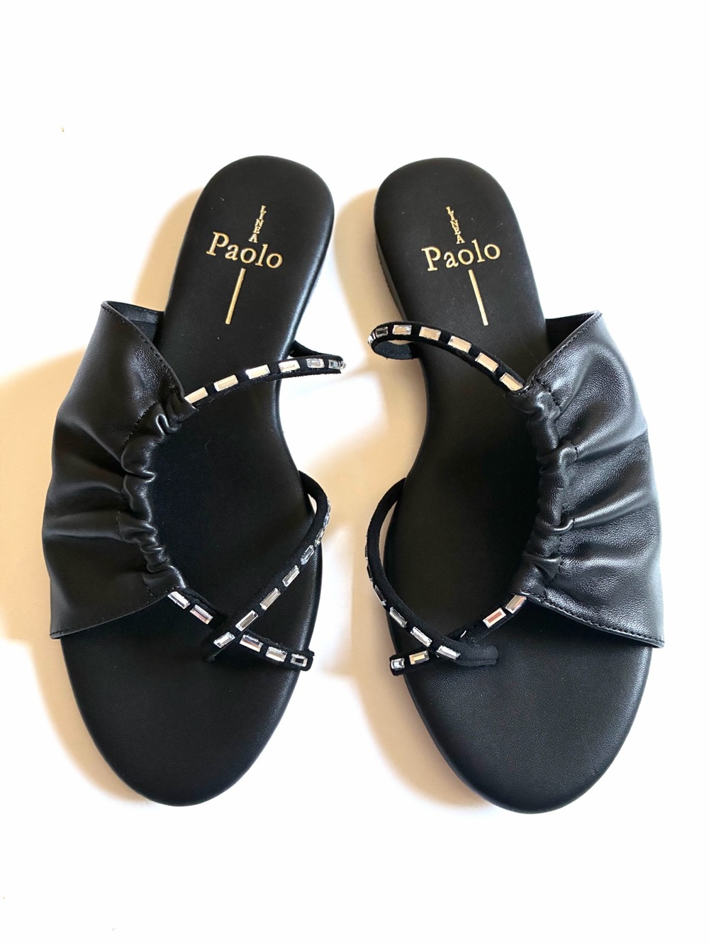 Linea Paolo Black Ruched Slide Sandals with Crystal-Trim Straps.Napa leather5.5.
